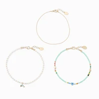 Turquoise Dolphin Beaded Chain Anklets - 3 Pack