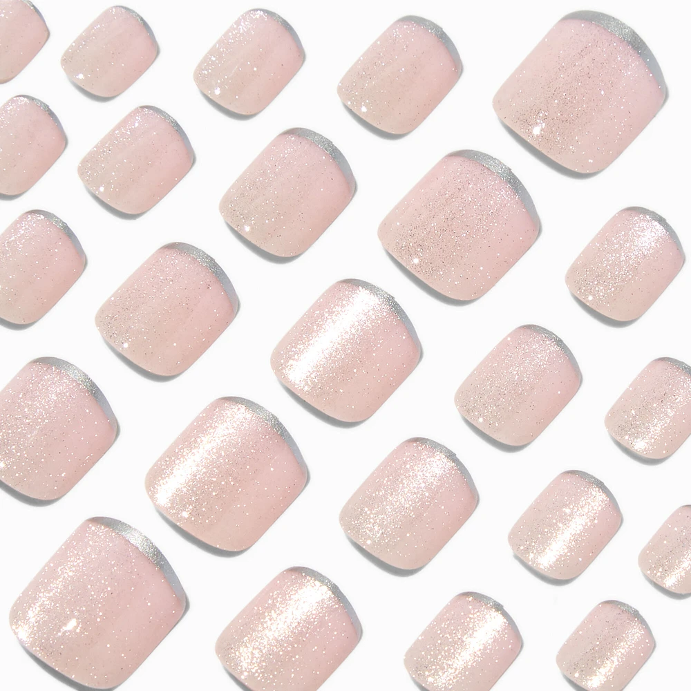 Silver Glitter Skinny French Tip Square Press On Vegan Faux Nail Set - 24 Pack