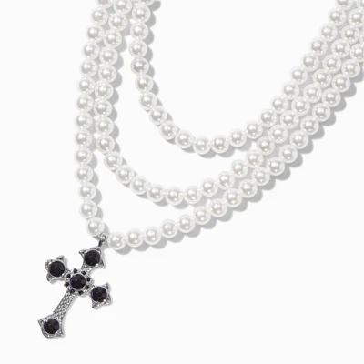 Pearl & Silver-tone Cross Pendant Multi-Strand Necklace