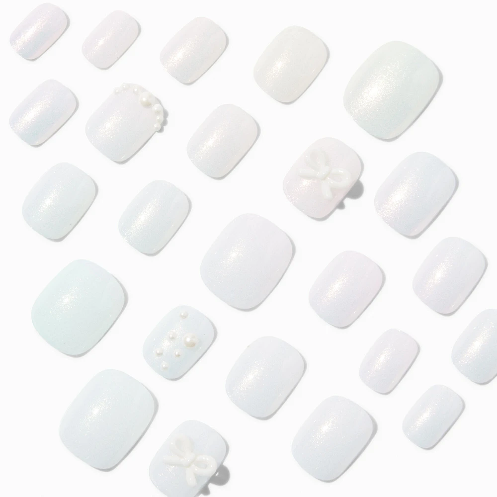 White Iridescent Pearl Squoval Vegan Faux Nail Set - 24 Pack