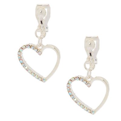 Silver 1" Heart Clip On Drop Earrings