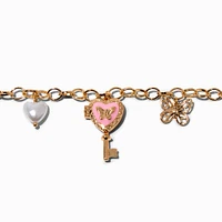 Gold-tone Butterfly Heart Key Locket Charm Bracelet