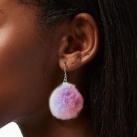 Silver 2" Pink, Purple & Blue Pom Pom Drop Earrings