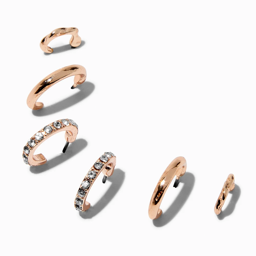 Rose Gold-tone Graduated Embellished Huggie Hoop Earring Stackables Set - 3 Pack