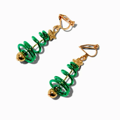 Spiral Christmas Tree & Gold-tone Bell Clip-On Drop Earrings