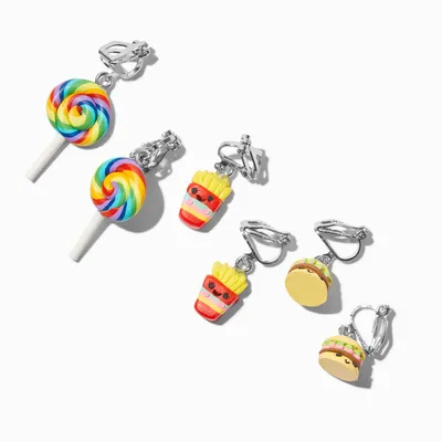 Lollipop, French Fry, & Hamburger Clip-On Earrings - 3 Pack