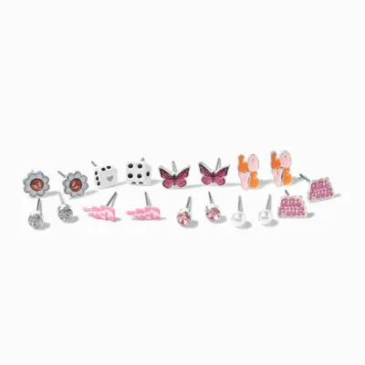 Pink Girl Power Mixed Stud Earrings - 9 Pack