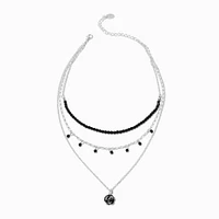 Silver-tone Rose Black Beaded Multi-Strand Necklace