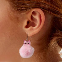 Pink Cat Pom Pom 1.5" Drop Earrings