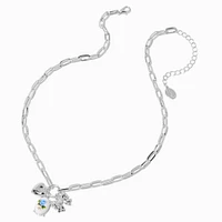 Silver-tone Blue Flower Bow Charm Necklace