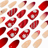 Red Swirl & Snowflake Stiletto Vegan Faux Nail Set - 24 Pack