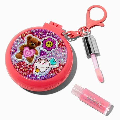 Pink Sticker Club Hair Brush & Lip Gloss Keychain
