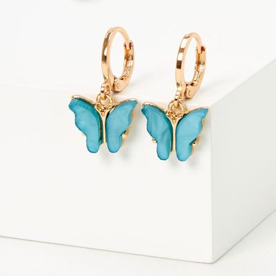 Gold 10MM Blue Butterfly Huggie Hoop Earrings