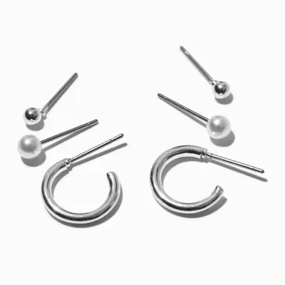 Silver Pearl Earring Stackables Set - 3 Pack