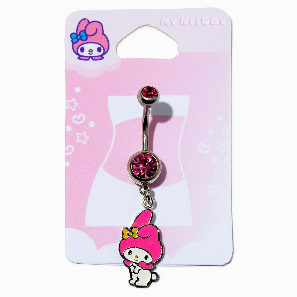 My Melody® Silver-tone Stainless Steel Pink Crystal Charm 14G Belly Bar