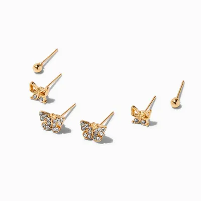 Gold-tone Crystal Butterfly Stud Earring Stack Set - 3 Pack