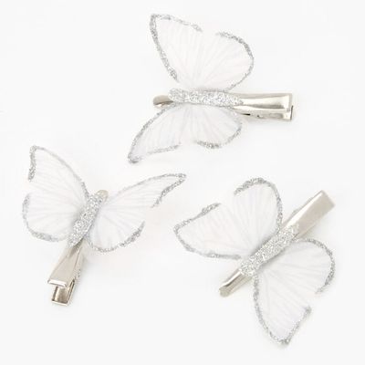 Silver Glitter Butterfly Hair Clips - 3 Pack