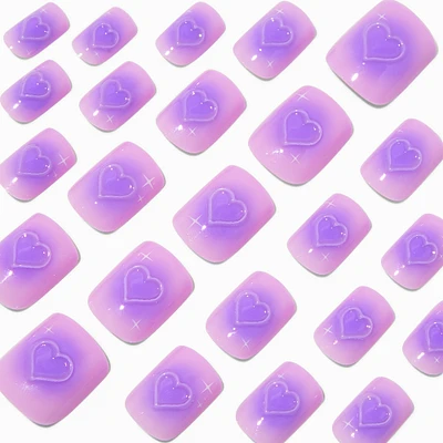 Purple Radiating Hearts Medium Square Vegan Faux Nail Set - 24 Pack