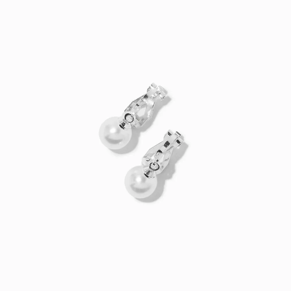 Silver-tone Pearl 0.5" Clip-On Drop Earrings
