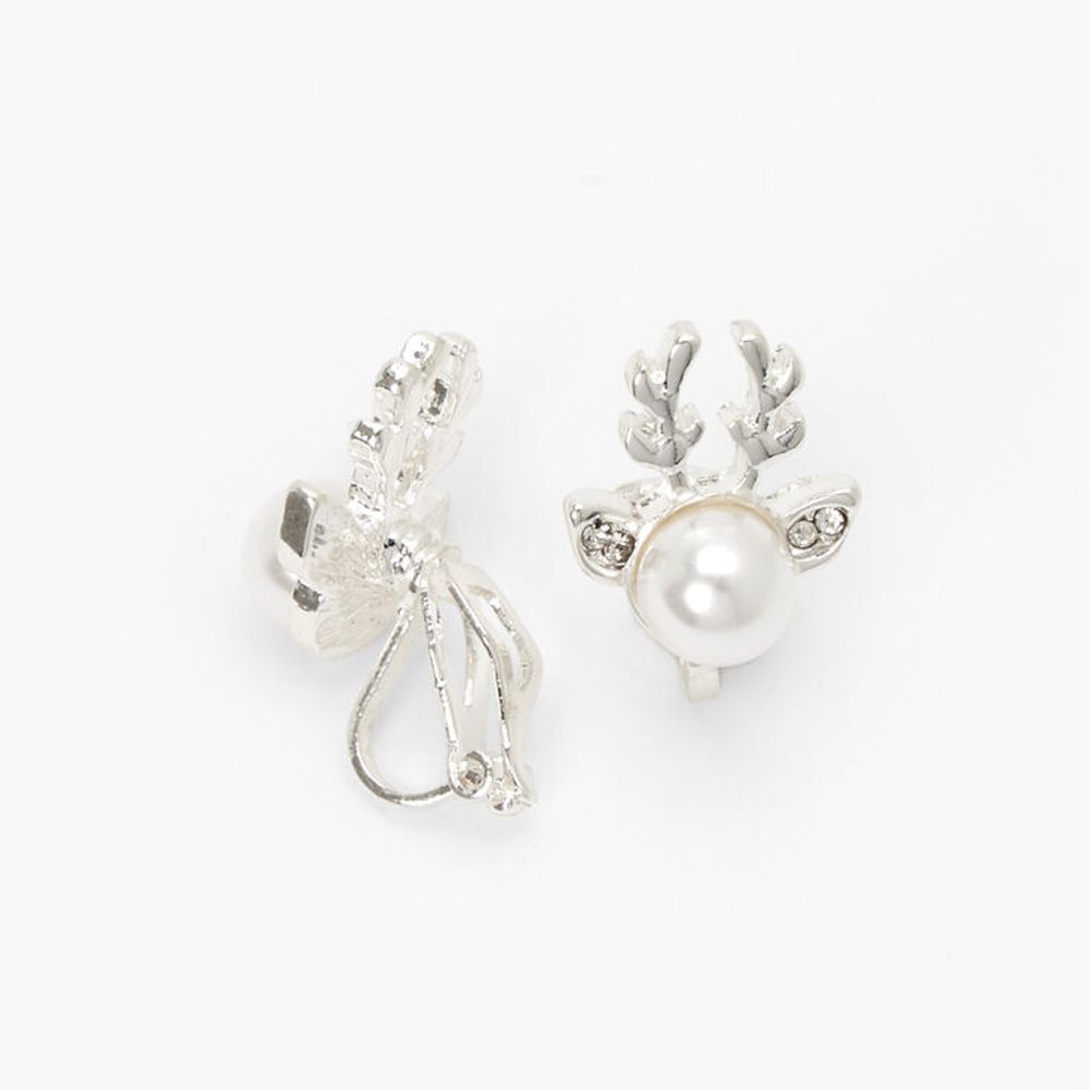 Silver Pearl Reindeer Clip On Stud Earrings