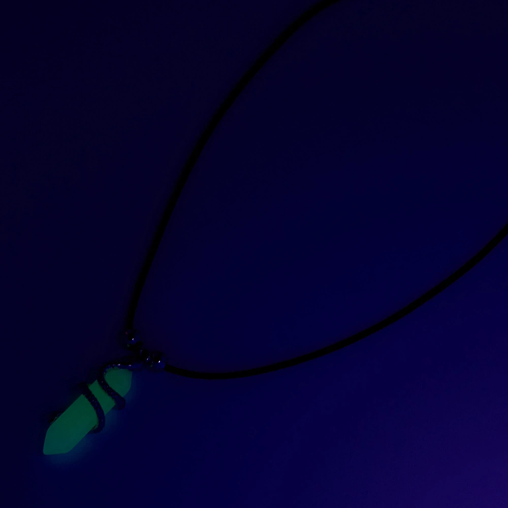 White Glow In The Dark Mystical Gem with Snake Pendant Black Cord Necklace