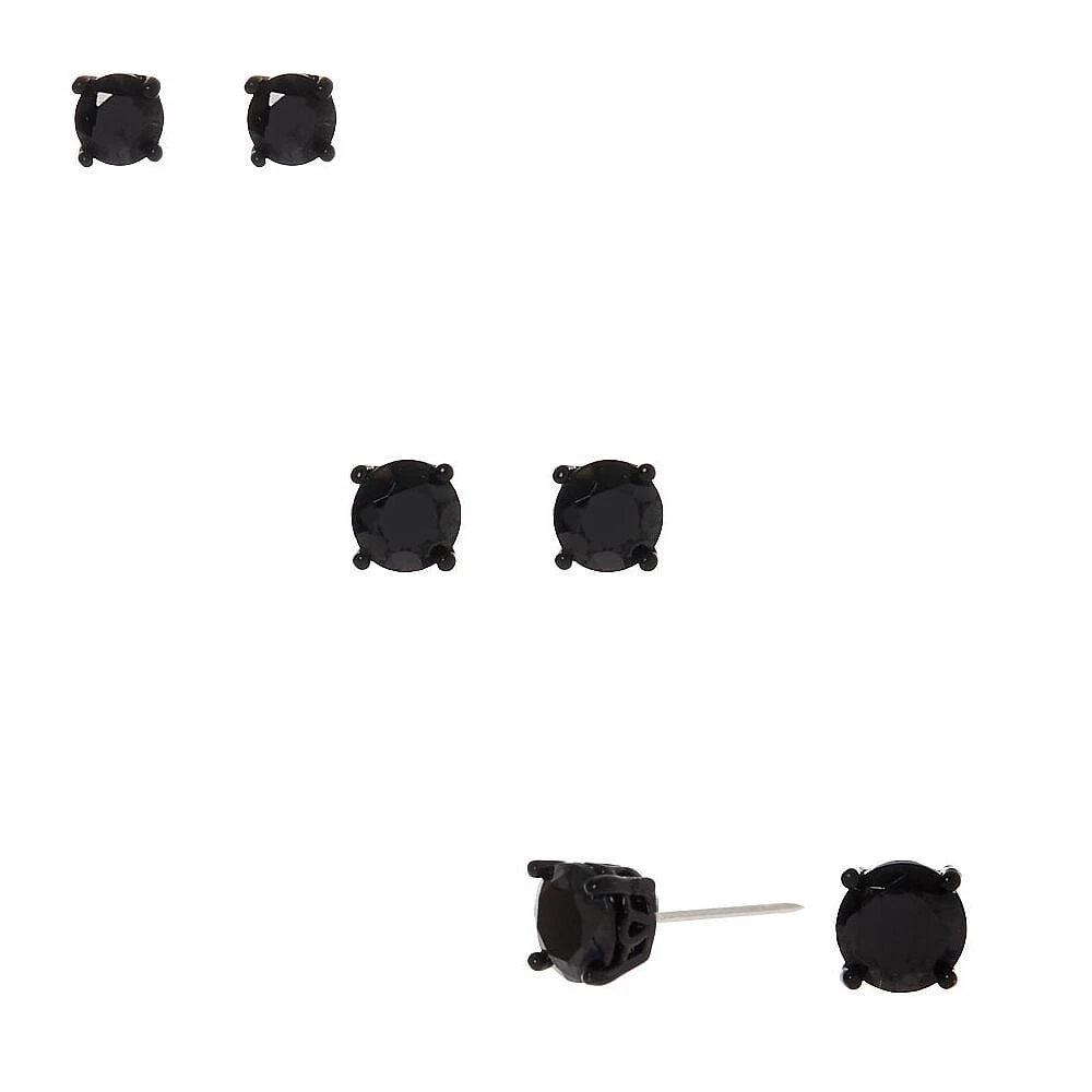 Black Cubic Zirconia 4MM, 5MM, 6MM Round Stud Earrings - 3 Pack