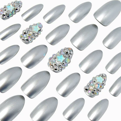 Extra Bling Stars Silver Stiletto Vegan Faux Nail Set - 24 Pack