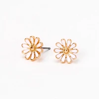 Gold Daisy Flower Stud Earrings - White