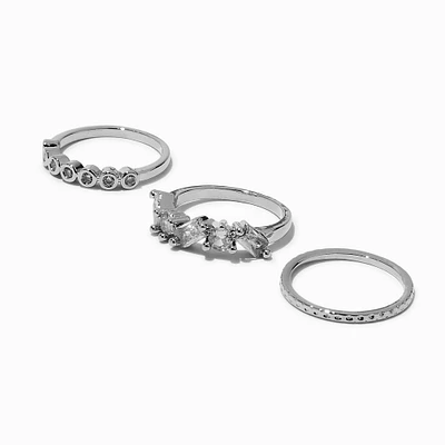 Silver-tone Cubic Zirconia Scattered Baguette Rings - 3 Pack