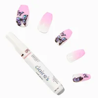 Butterfly Pink Ombre Glitter Coffin Vegan Faux Nail Set - 24 Pack