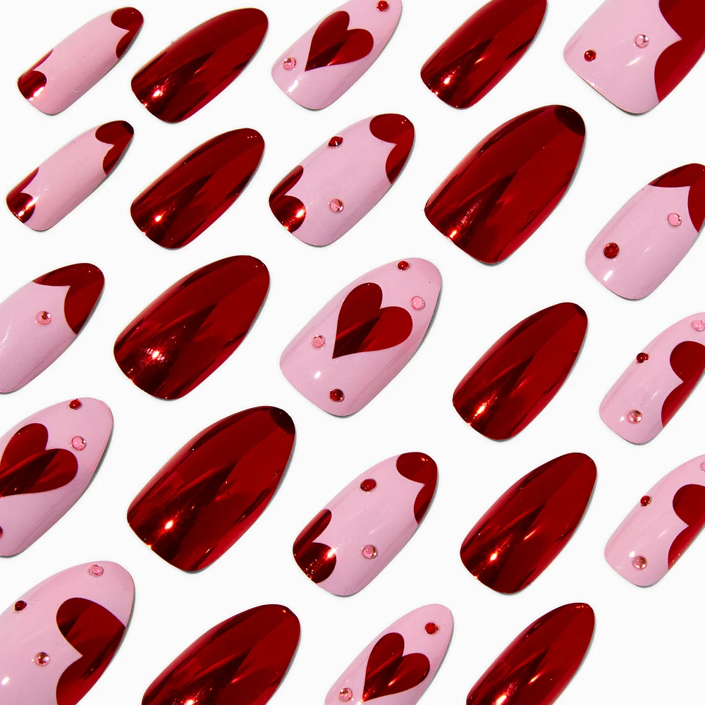 Metallic Red Heart Valentine's Day Almond Press On Faux Nail Set - 24 Pack