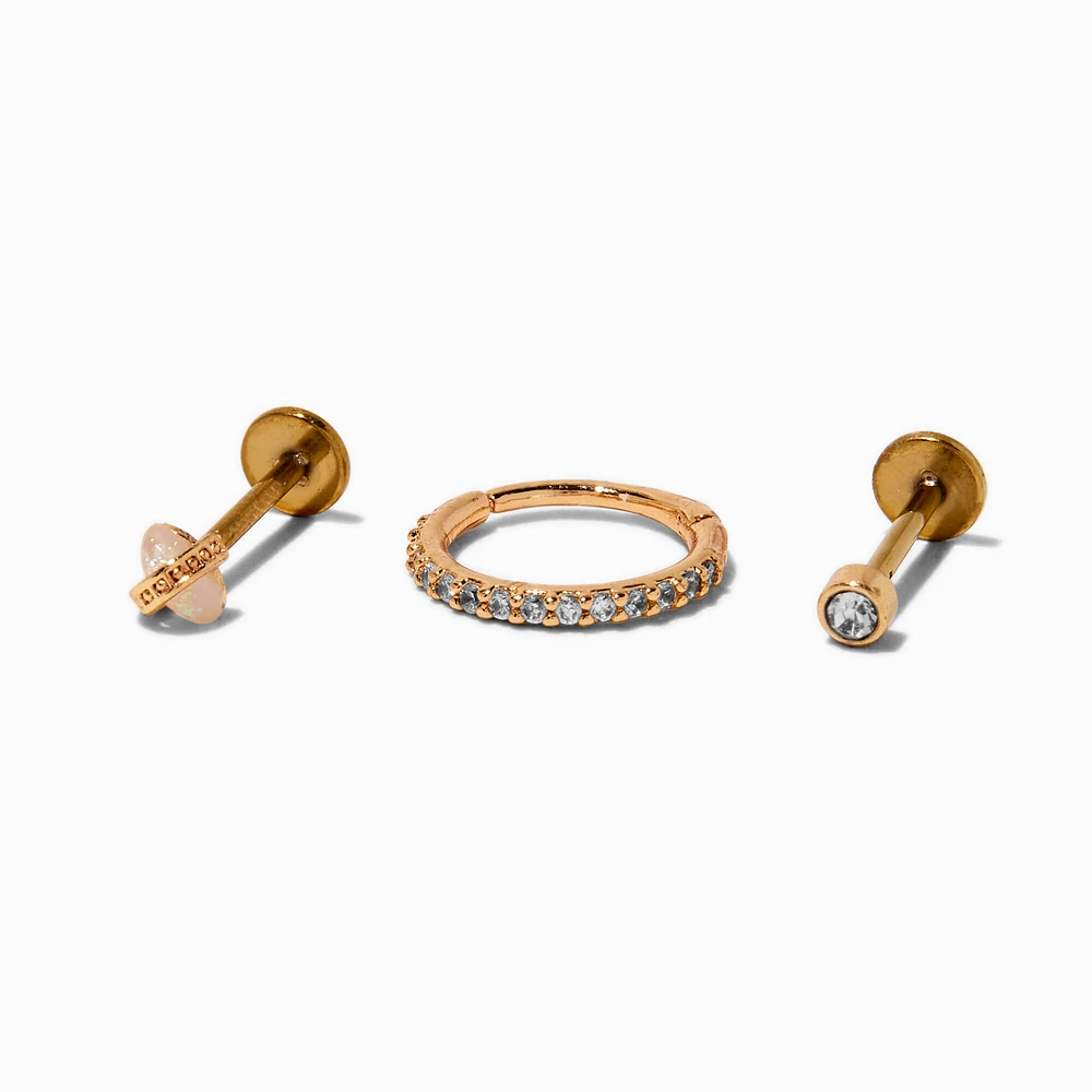 Gold-tone Stainless Steel Cubic Zirconia 18G Stud & Hoop Threadless Cartilage Earrings - 3 Pack