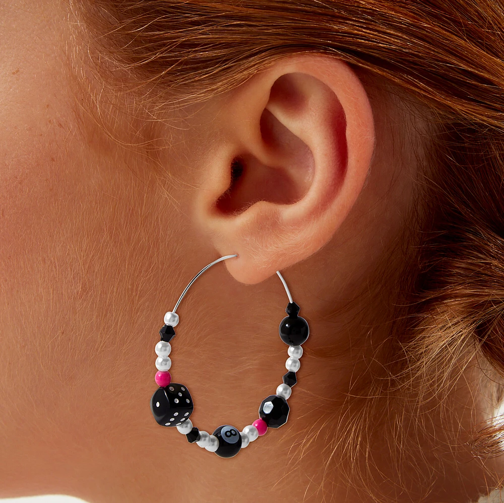 Black & Pink Pearl Mixed Beaded Hoop Earrings