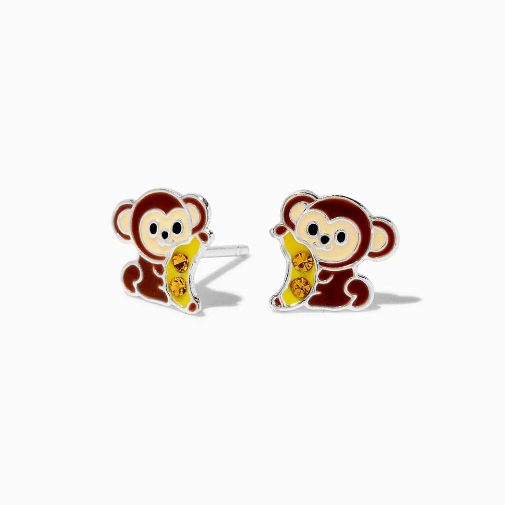 Sterling Silver Crystal Monkey Stud Earrings