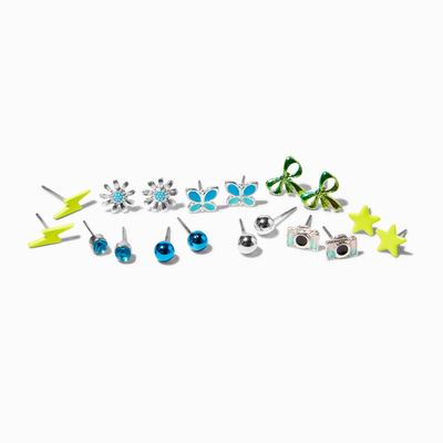 Blue & Green Mixed Stud Earrings - 9 Pack