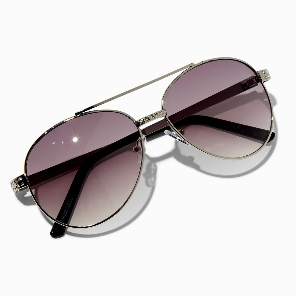 Crystal Accent Silver & Black Aviator Sunglasses