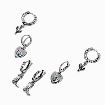 Silver-tone Cowgirl Hoop Earring Stackables Set - 3 Pack