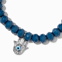 Silver Hamsa Hand Blue Beaded Stretch Bracelet