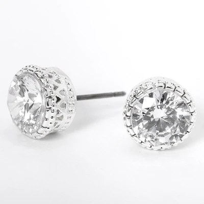 Silver-tone Cubic Zirconia 8mm Round Vintage Stud Earrings