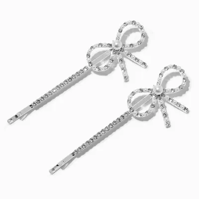 Silver-tone Pearl Rhinestone Bow Hair Pins - 2 Pack
