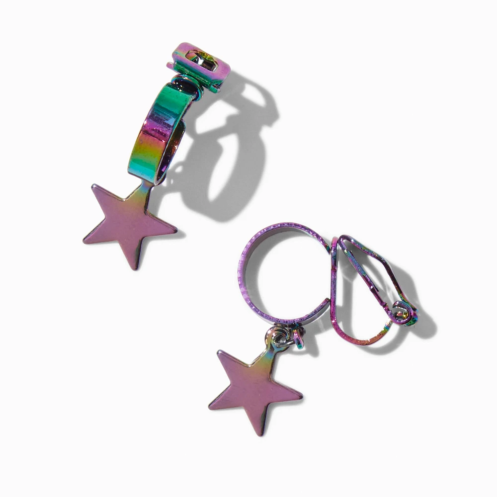 Rainbow Anodized Star Hoop Clip-On Drop Earrings