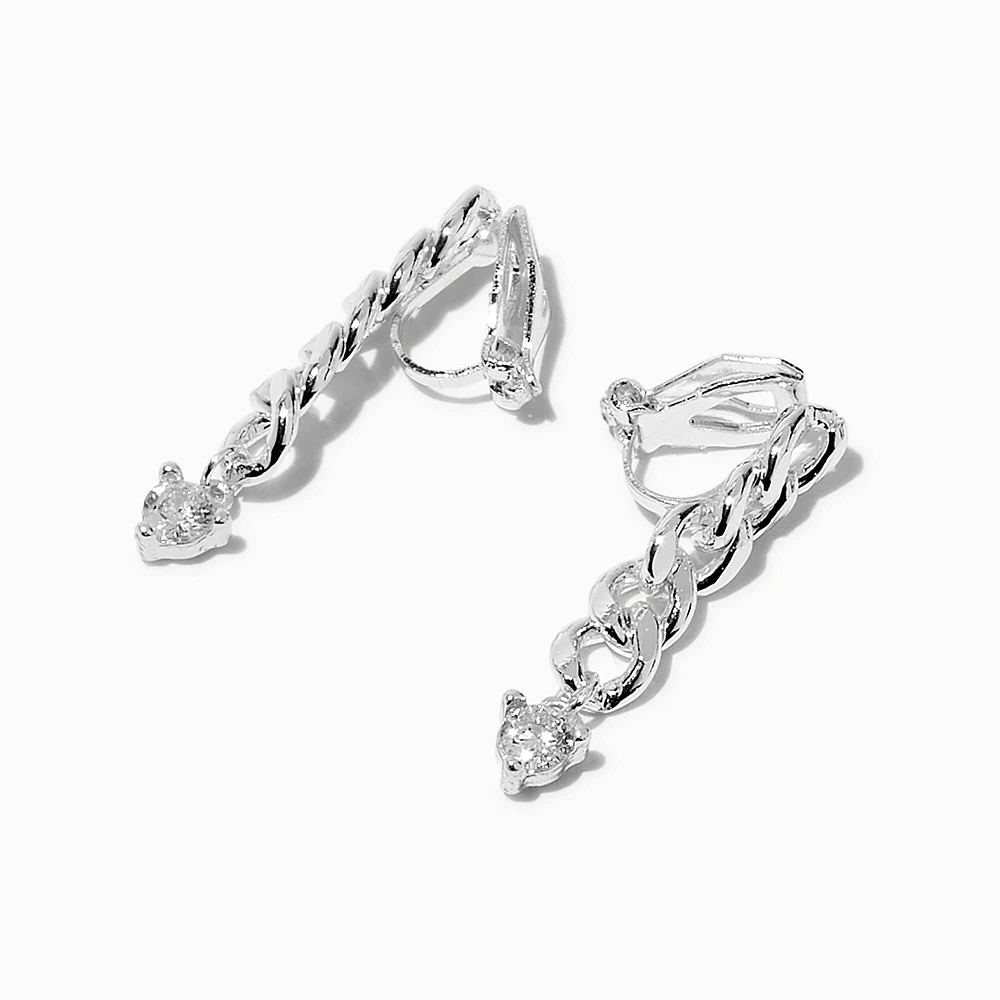 Silver-tone Crystal Chain 0.5" Clip-On Drop Earrings