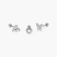 Silver-tone Stainless Steel Butterfly, Flower, & Bee Tragus Earrings - 3 Pack