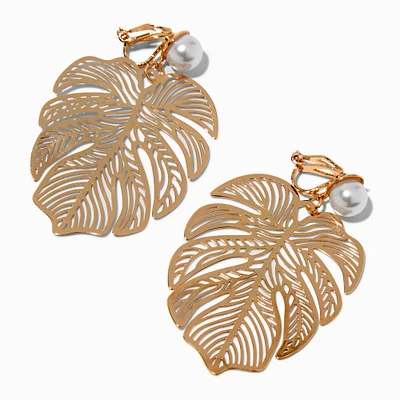 Gold-tone Monstera Leaf & Pearl Clip-On Drop Earrings