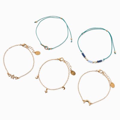Gold Celestial Blue Beaded Bracelet Set - 5 Pack