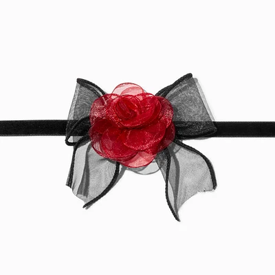 Chiffon Red Rose & Black Bow Choker Necklace