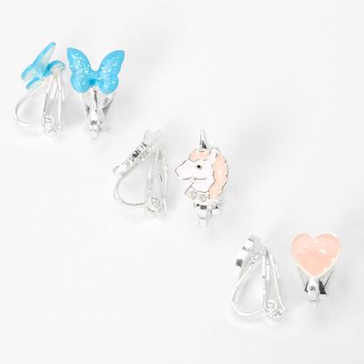 Glitter Unicorn Heart Clip On Earrings - 3 Pack