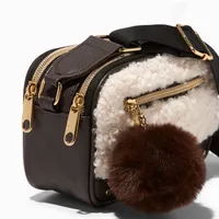 White Sherpa & Brown Camera Style Crossbody Bag