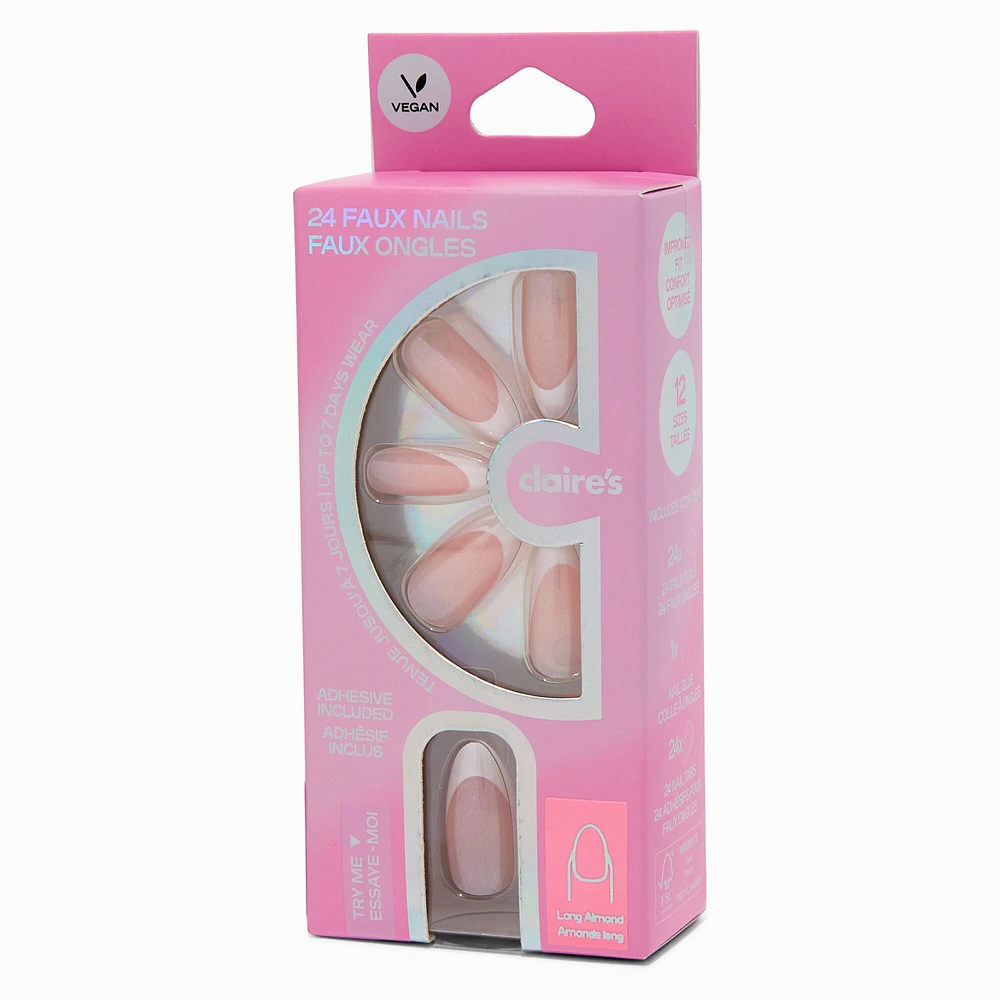 French Tip Glazed Long Almond Vegan Faux Nail Set - 24 Pack