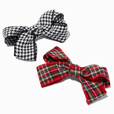 Black Houndstooth & Red Plaid Hair Bow Clips - 2 Pack
